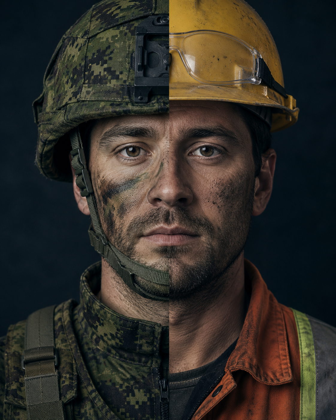 One person, two uniforms, CAF member and civilian tradesperson
